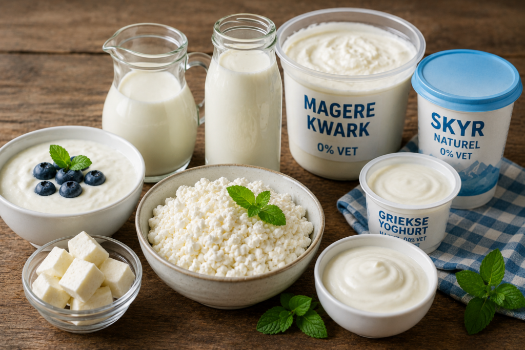 Griekse yoghurt, kwark en skyr met bessen, havermout en lijnzaad